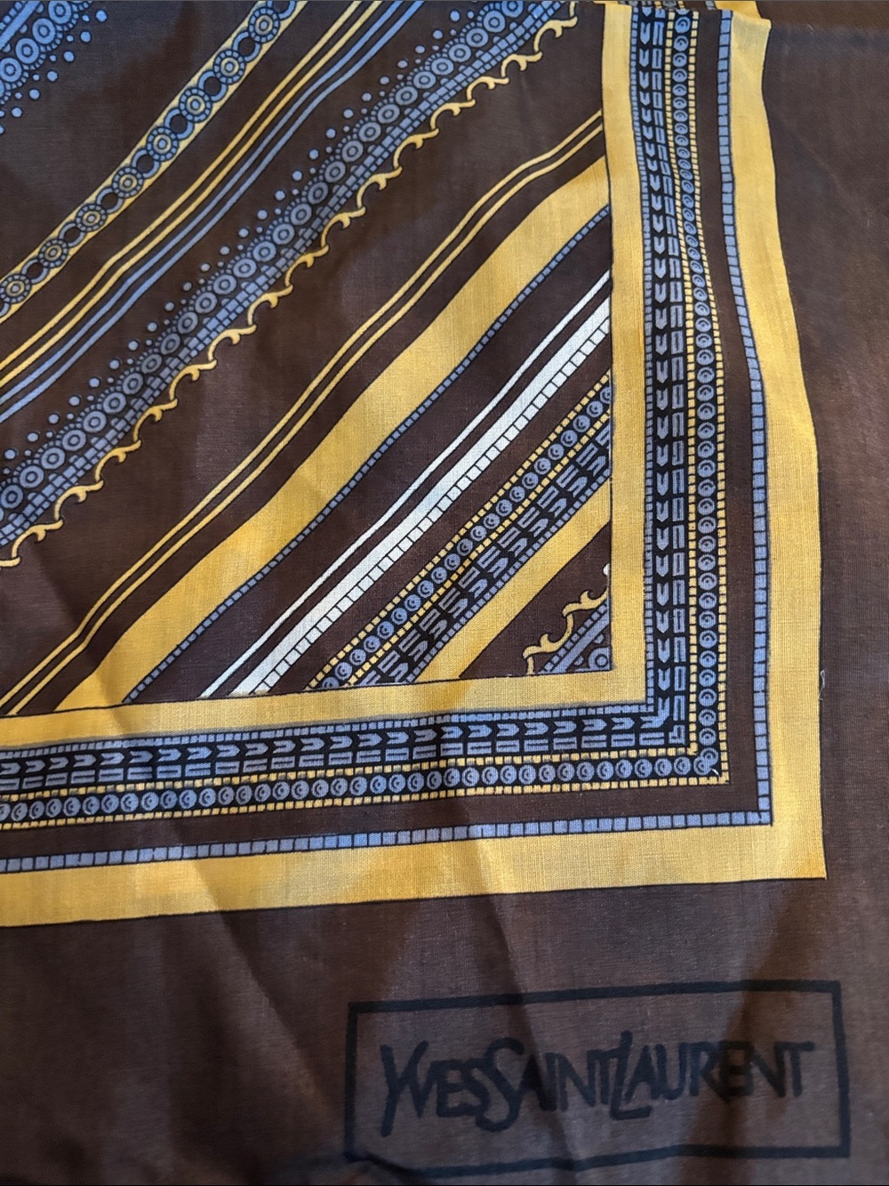 Yves Saint Laurent Brown, Yellow & Blue Striped Silk Scarf
